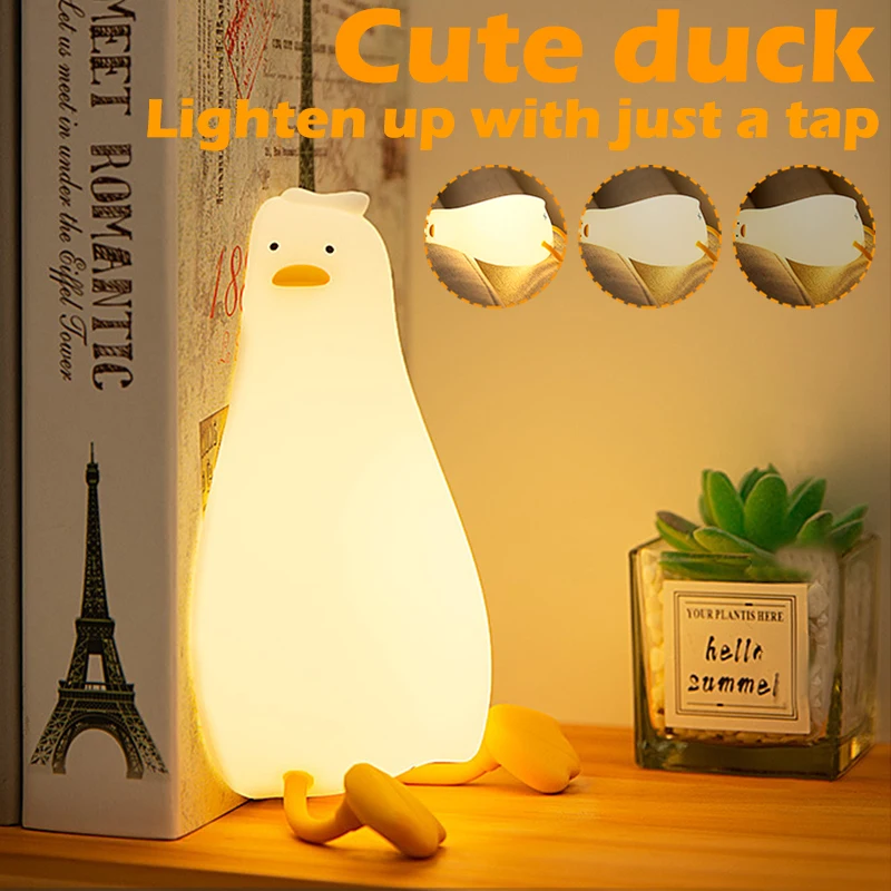 

Duck Nightlights USB Rechargeable Silicone Lamp Patting Switch Children Bedside Timing Lamp Gifts LED Phone Holder Night Light