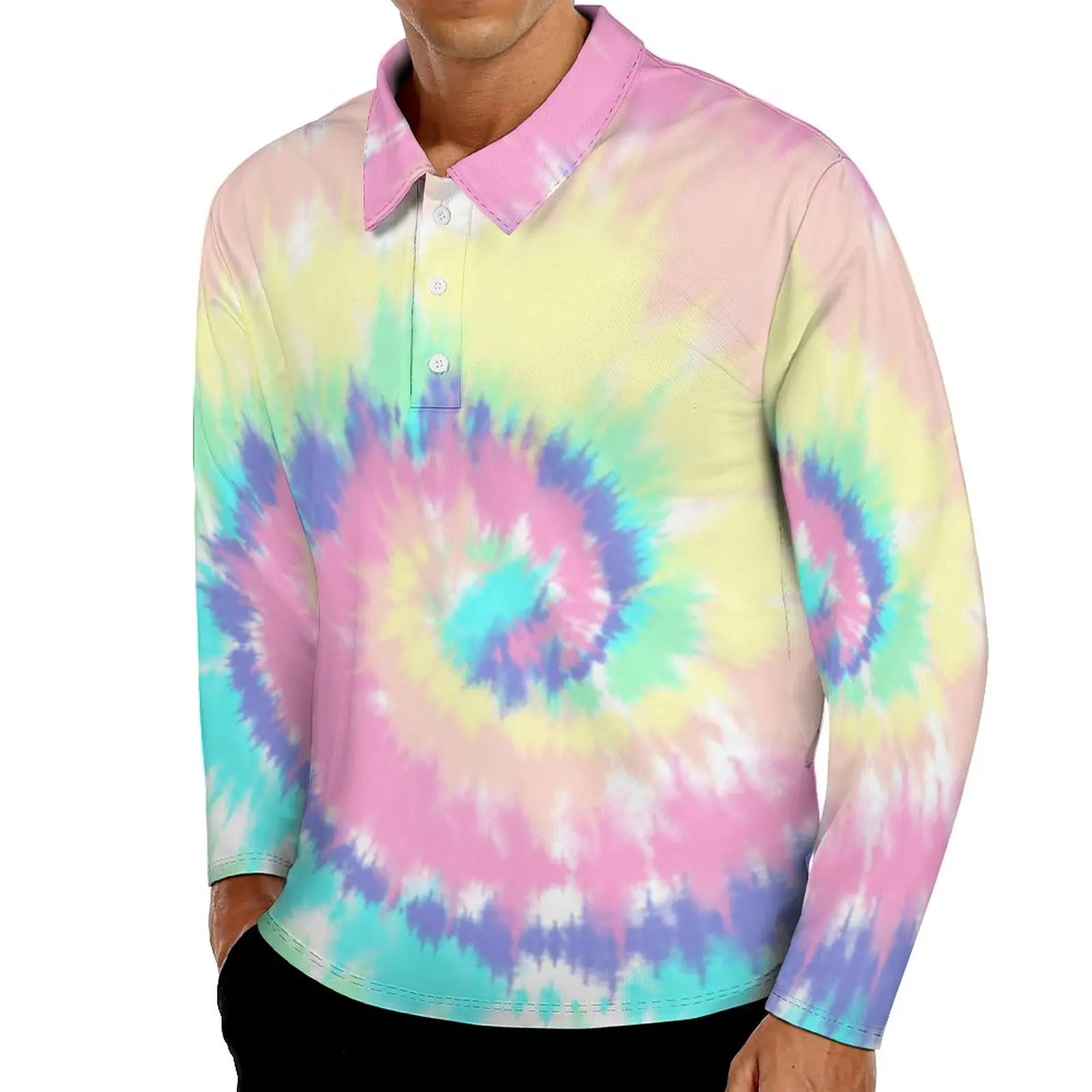 

Рубашка-поло с принтом Tie Dye, повседневная Пастельная Радужная рубашка с длинным рукавом и воротником, футболки оверсайз с графическим принт...
