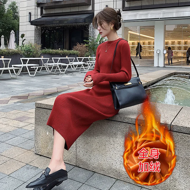 8980 eight colors size 5 fleece-lined and sweater base dress warm round neck