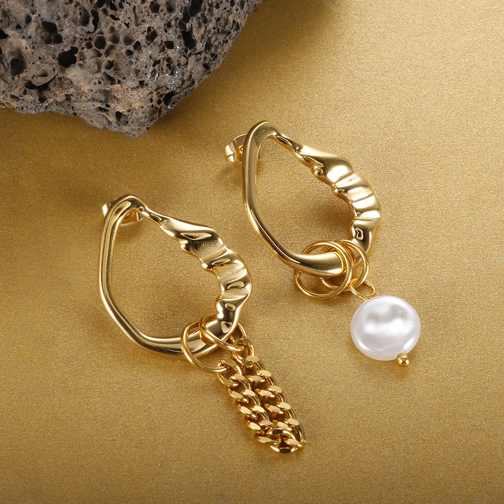 

Stainless Steel Gold Plated Tassel Chain Drop Irregular Simulated Pearl Earrings for Women Girl Trendy Wholesale Jewelry Gift