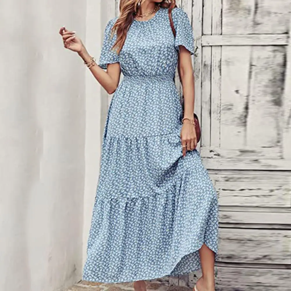 

O-Neck Short Sleeve 2023 Women Dress Waist Tight A-Line Ankle Length Floral Print Ruffle Stitching Hem Maxi Dress Streetwear