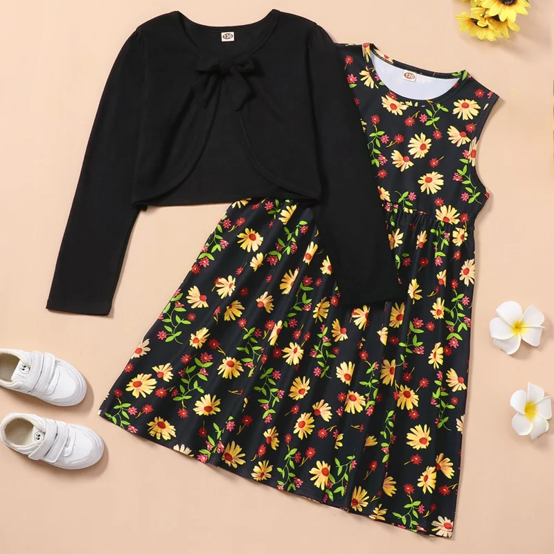 

Big Girls Clothes Spring Fall Kids Dresses for Girls Daisy Print Sleeveless Girls Dress+coats 2 PCS Sets Children Clothing 5-10Y