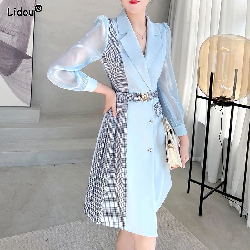 

Women's Clothing 2023 Casual Skinny TemperamentKnee Skirts Fashion Elegant Patchwork Solid Color Notched Spring Summer Dresses
