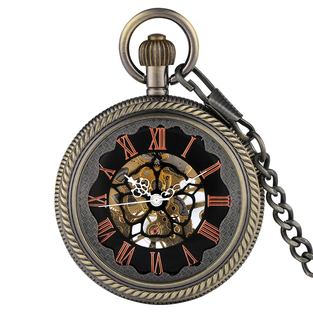 Rose Gold Roman Numeral Dial Transparent Glass Display Hand-Winding Mechanical Pocket Watch Vintage Black/Bronze Fob Chain Clock