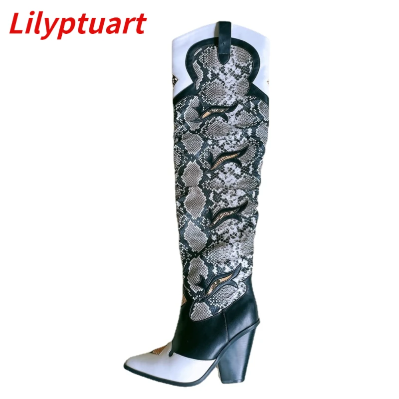 

LILYPTUART ZA Ins Women's Boots,2022 Spring and Autumn Snakeskin Pattern High Heel Shaped Heel Mixed Color Pleated Knee Boots,