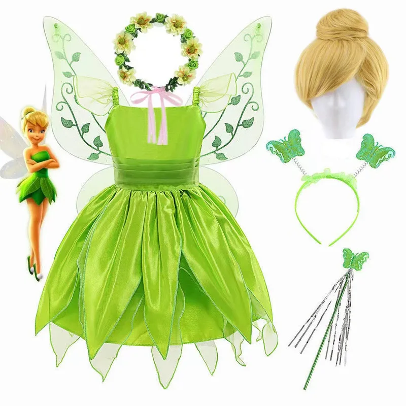 

Fancy Dress Green Tinker Bell Cosplay Halloween Costume For Girls With Butterfly Wings Sets Fairy Princess Carnival Party 2-10y