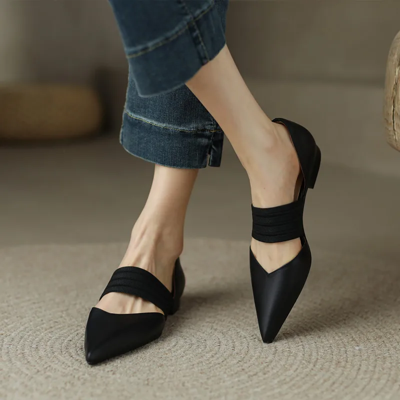 

Vintage Elastic Band Hollow Pointed Shoes French Flat Bottom Muller Sandals Women's 2022 Summer Mary Jane Shoes Leather Flats