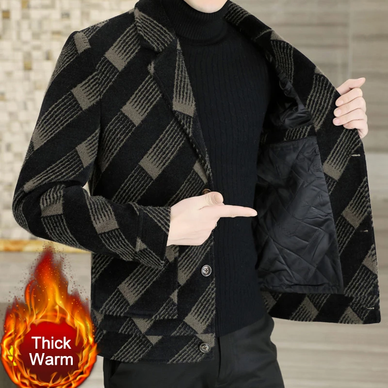 

Top Quality Steetwear Lapel Plaid Print Jacket Ropa De Hombre Winter Men Wool Trench Coat Contrasting Colors Lattice Jacket