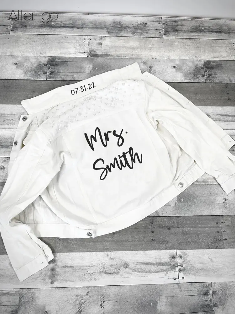 Custom Mrs Jean Jacket With Pearls Cute Gift Bride Pearl Jacket Denim Pearl Beads Clothing White Personalization Women Outerwear