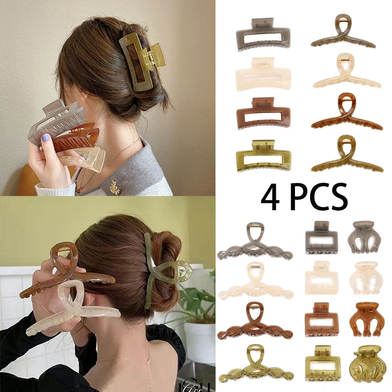 

4PCS Fashion Jelly Color Plastic Transparent Large Hair Claw Clip Women Girls Acrylic Crab Hairpins Barrettes Hair Accessories