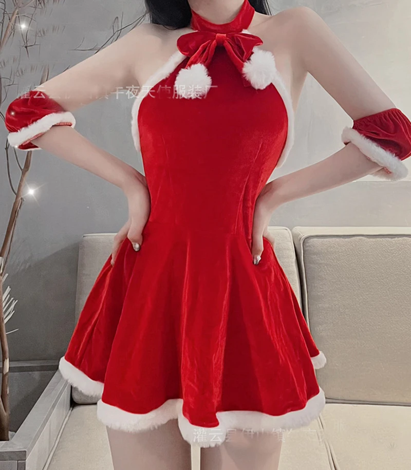 Red Christmas Woman Dress Sweet Lady Santa Claus Cosplay Costume Xmas Suit Sexy Lingeries Womens Girls New Year Maid Uniform Set