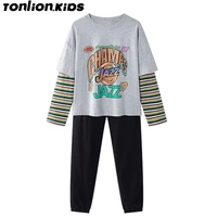 ton lion kids spring 2022 trendy casual fashion girls sportswear two piece set with fake sleeves and round collar