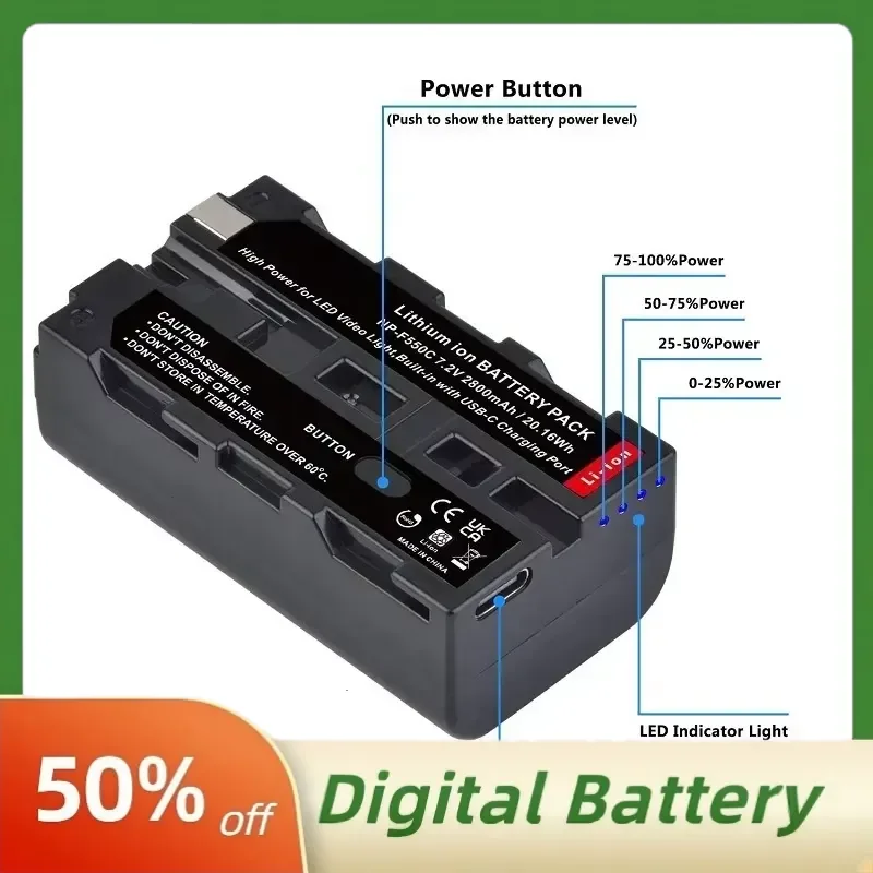Фото Аккумулятор NP-F550C NP-F550 F570 7.2В 2800мАч с портом быстрой зарядки USB-C для светодиодных видеосветильников Godox и LED-панелей №3