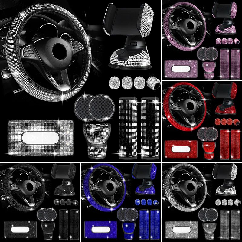 

12Pcs Bling Car Steering Wheel Cover Auto Phone Holder Coaster Tissue Box Seat Belt Shoulder Pad Valve Decor Car Accessories Set