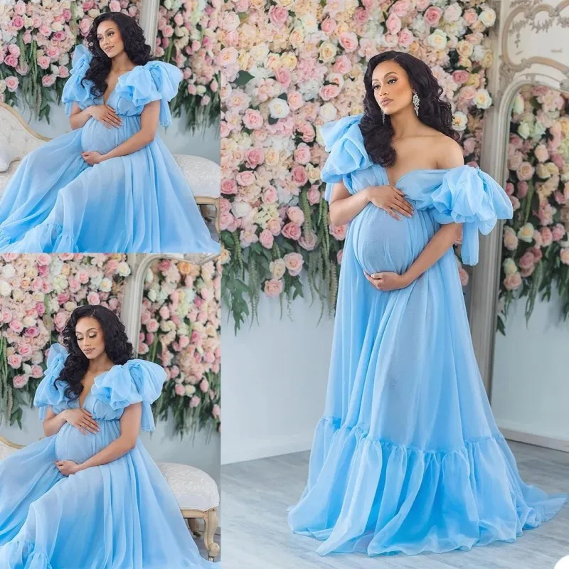 

Blue Ruffles Plus Size Pregnant Ladies Maternity Sleepwear Dress Chiffon Nightgowns For Photoshoot Lingerie Bathrobe Nightwear