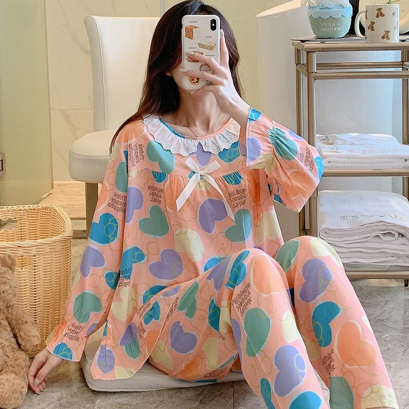 Spring  Autumn Long-sleeved Thin Cotton Silk Suit Loose Home Clothes Large Size White Lace Pullover Sleepwear