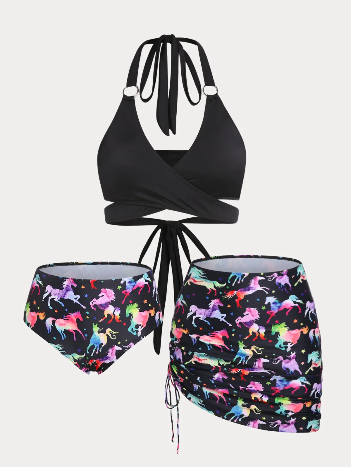 

Fashion Pastel Color Swimwears 3 Piece Top Briefs Skirt For Female High Waist Bikinis Halter Padded Beachwear Swimsuit