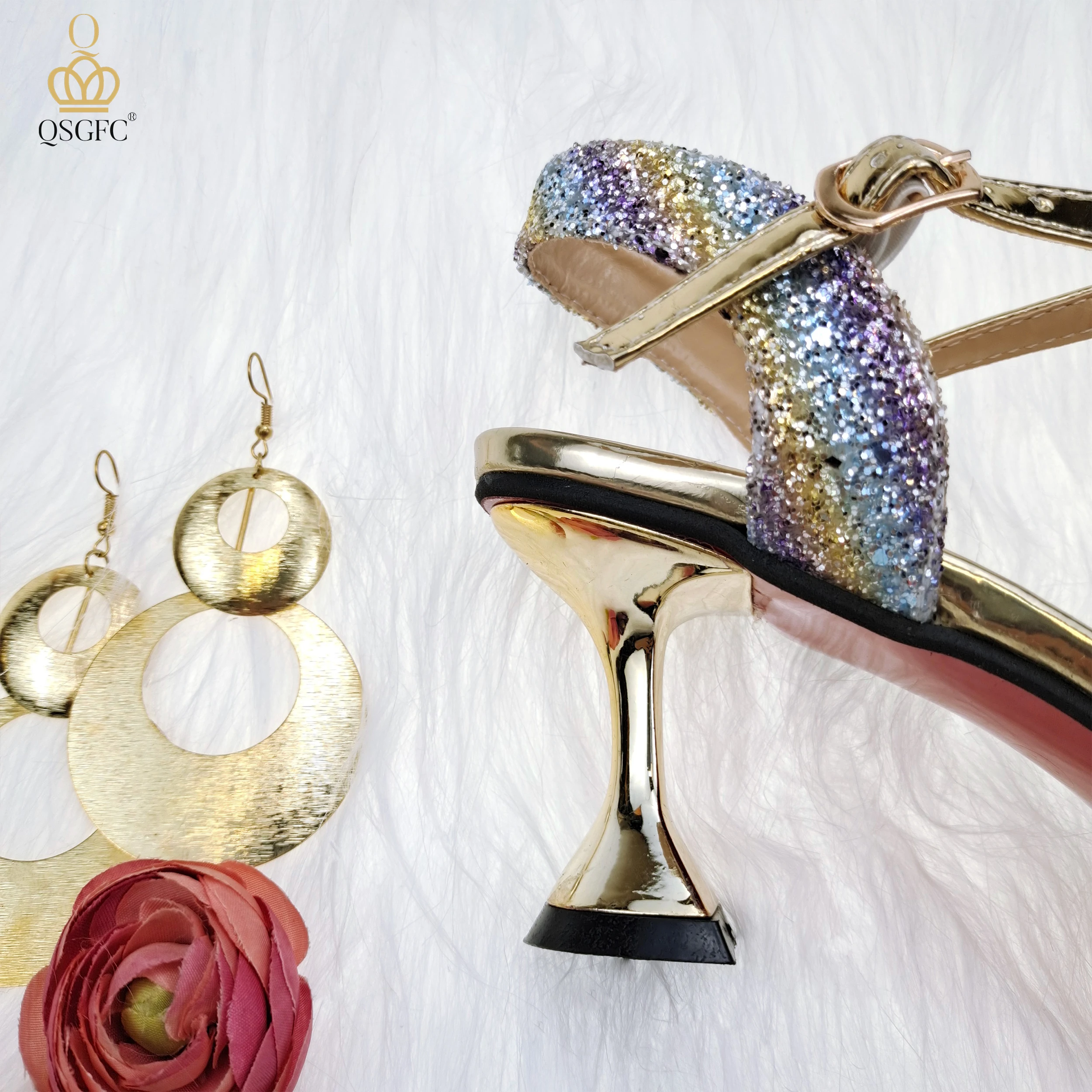 QSGFC 2022 Latest Colorful Sequins and Diamond Butterfly Design Women's Shoes and Bags Set Violet Color