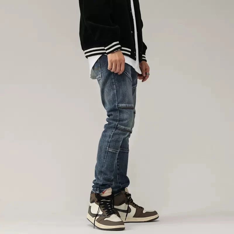 High Street Fashion Men Jeans Retro Blue Spliced Slim Fit Biker Jeans Men Elastic Trousers Zipper Designer Hip Hop Pants Hombre