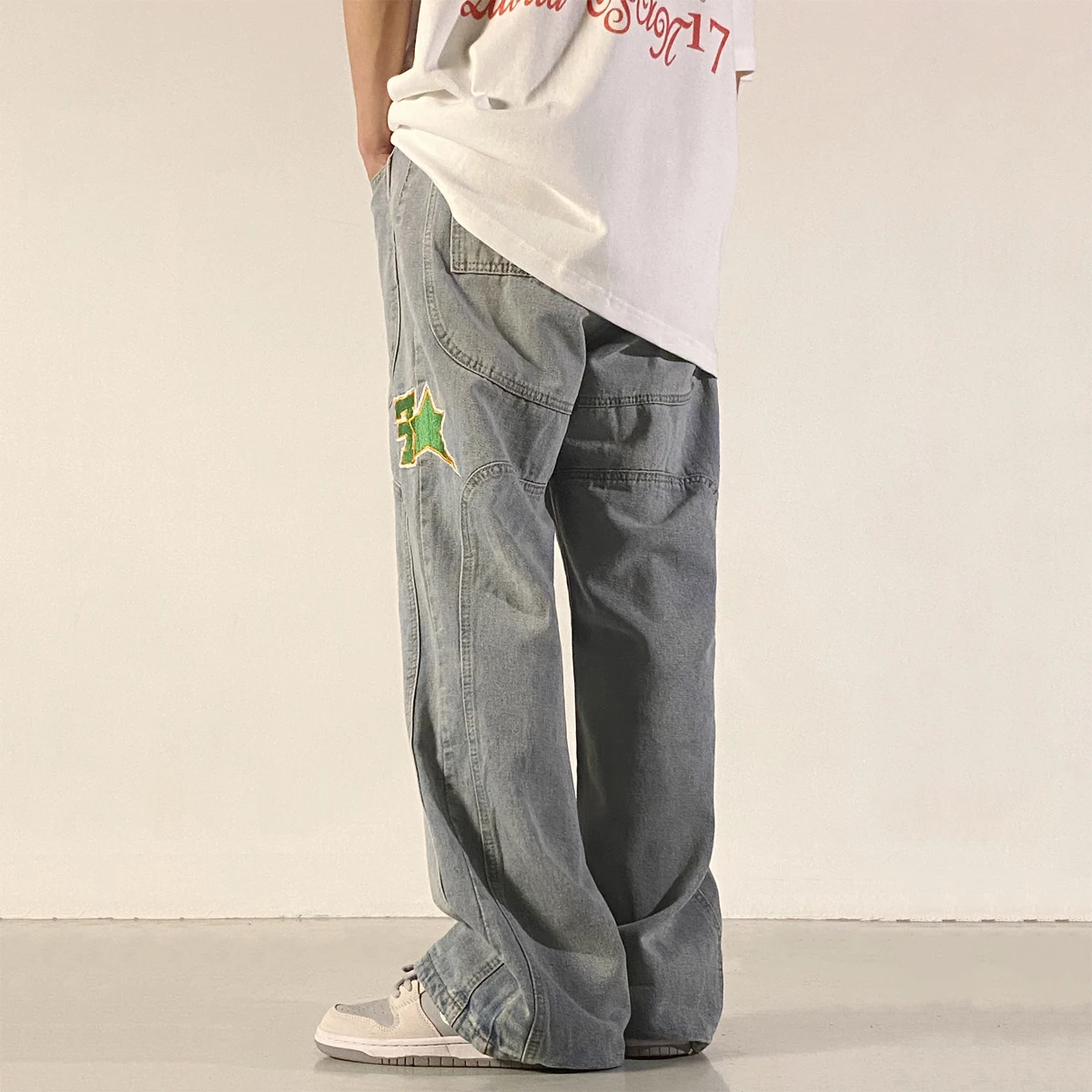 Four Seasons Men Jeans High Street Letter Embroidery Stitching Micro-Flare Casual Men's Loose Jeans Y2k Pants Ins Hot Sale JEANS