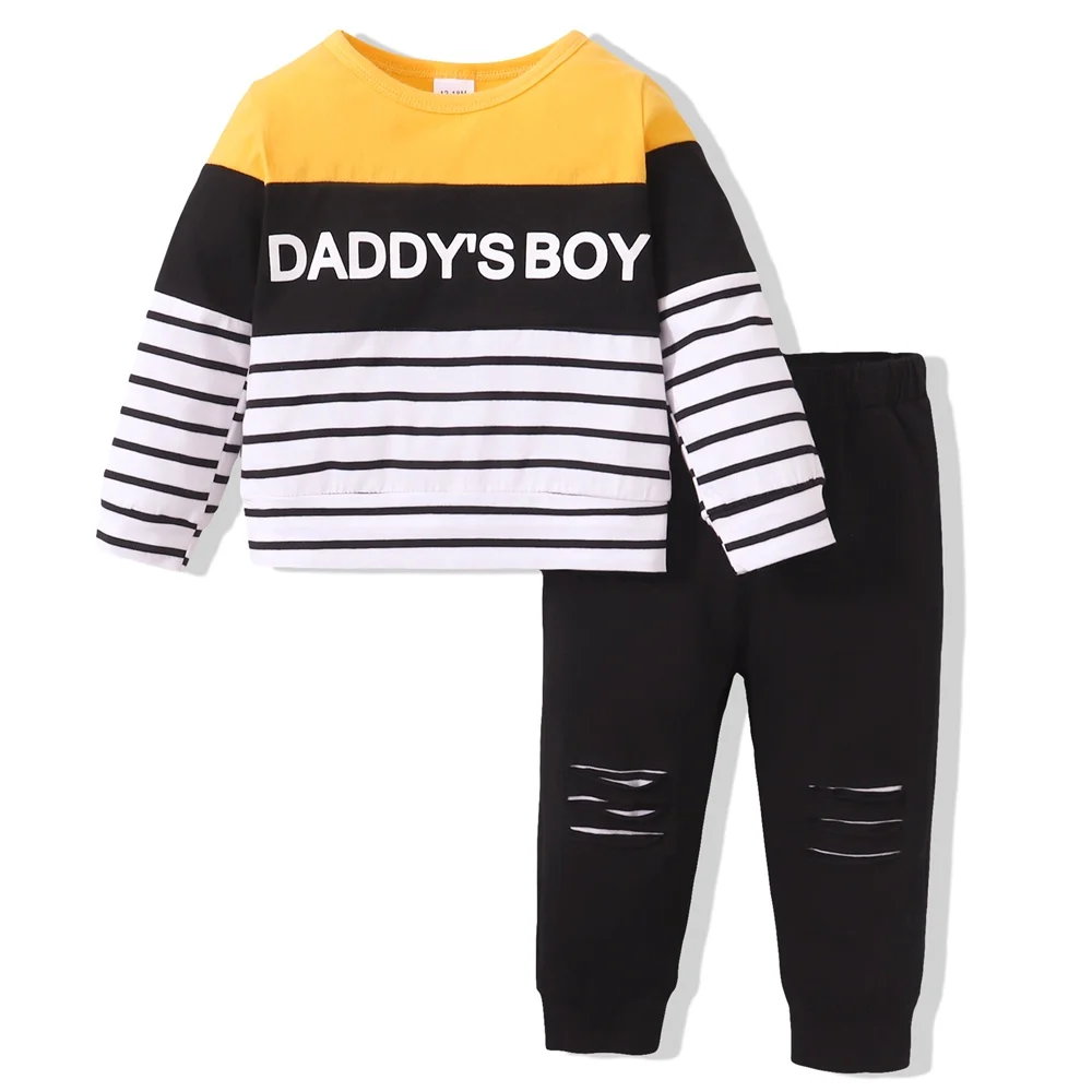Enlarge 1-4 Years Kids Baby Boy Clothes Suit Long Sleeves Print Stripe Coat Ripped Trousers 2PCS Children Boy Autumn Sport Outfit Set
