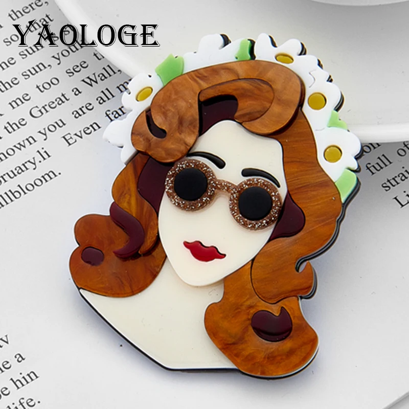 

YAOLOGE European American Style Women Brooch Wear Sunglass Brown Hair Lady Brooches for Women Acrylic Women Pins Brooch