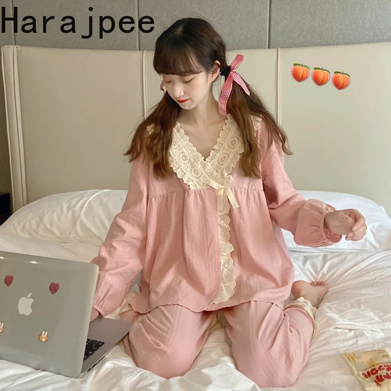 

Harajpee Women Pajamas 2022 Summer Girls Japanese Sweet Temperament Age-Reducing Long Sleeve Cute Lace V-Neck Home Wear Suits