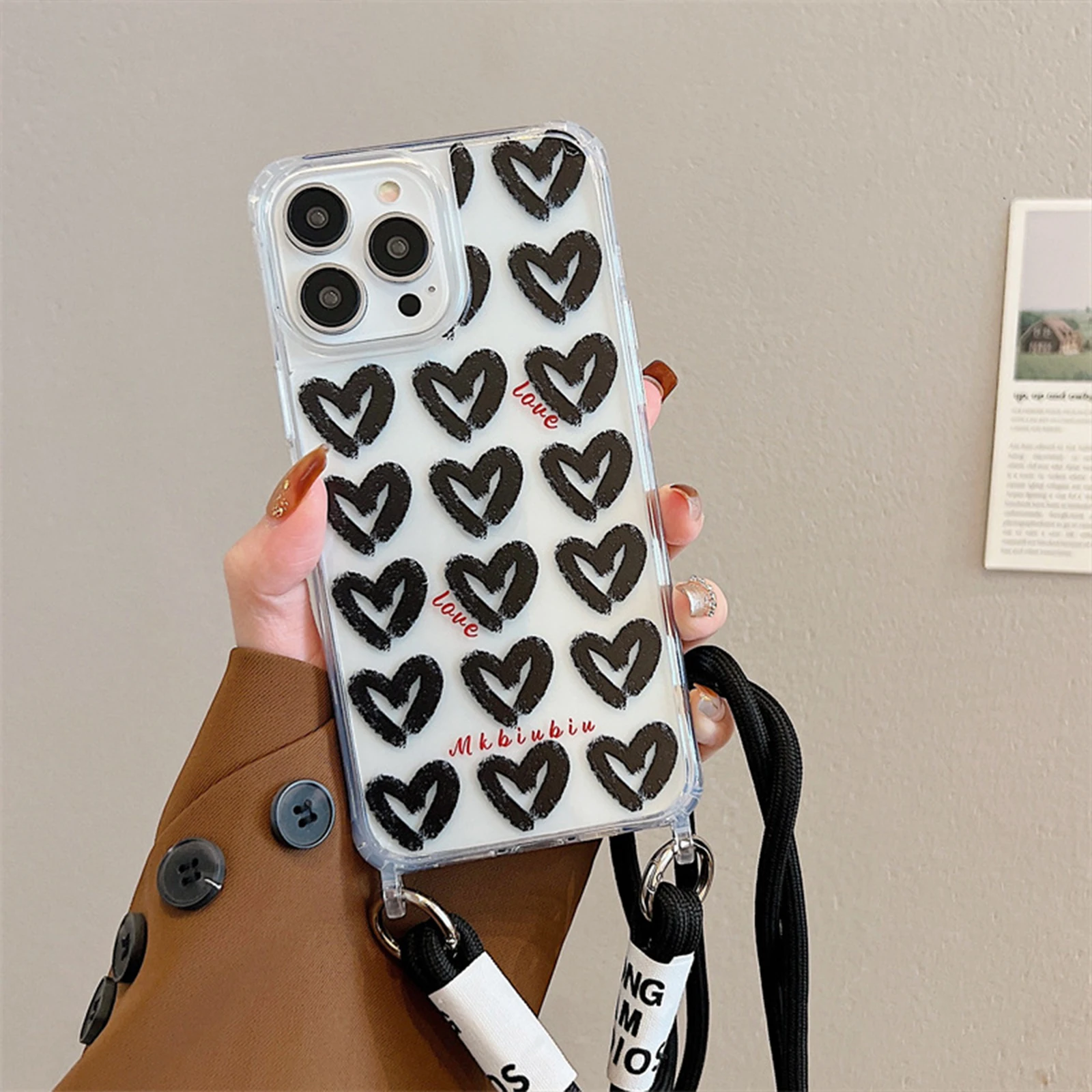 

Crossbody Wrist Lanyard Case for iPhone 14 Pro Max Plus Cute Balck Love Heart Back Case Protective Soft Anti Yellowing Cover New