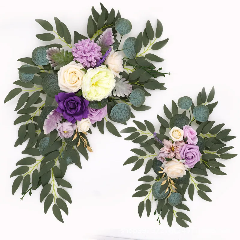 

2pcs Artificial Wedding Flowers Arch Prop Welcome Card Sign Garland Decor Purple Hanging Flower Row Backdrop Wall Window Arrange