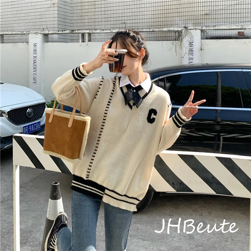 

Fashion 2022 Beige Fake Two Piece Knit Sweater Women Korean Style Printed V-neck Long Sleeve Oversize Jumper Pullover Female Top