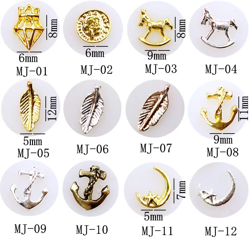 

100Pcs 3D Nail Art Charms Manicure Decoration, Leaves, Ponies, Coins, Anchors,Diamonds, Moons,Star,