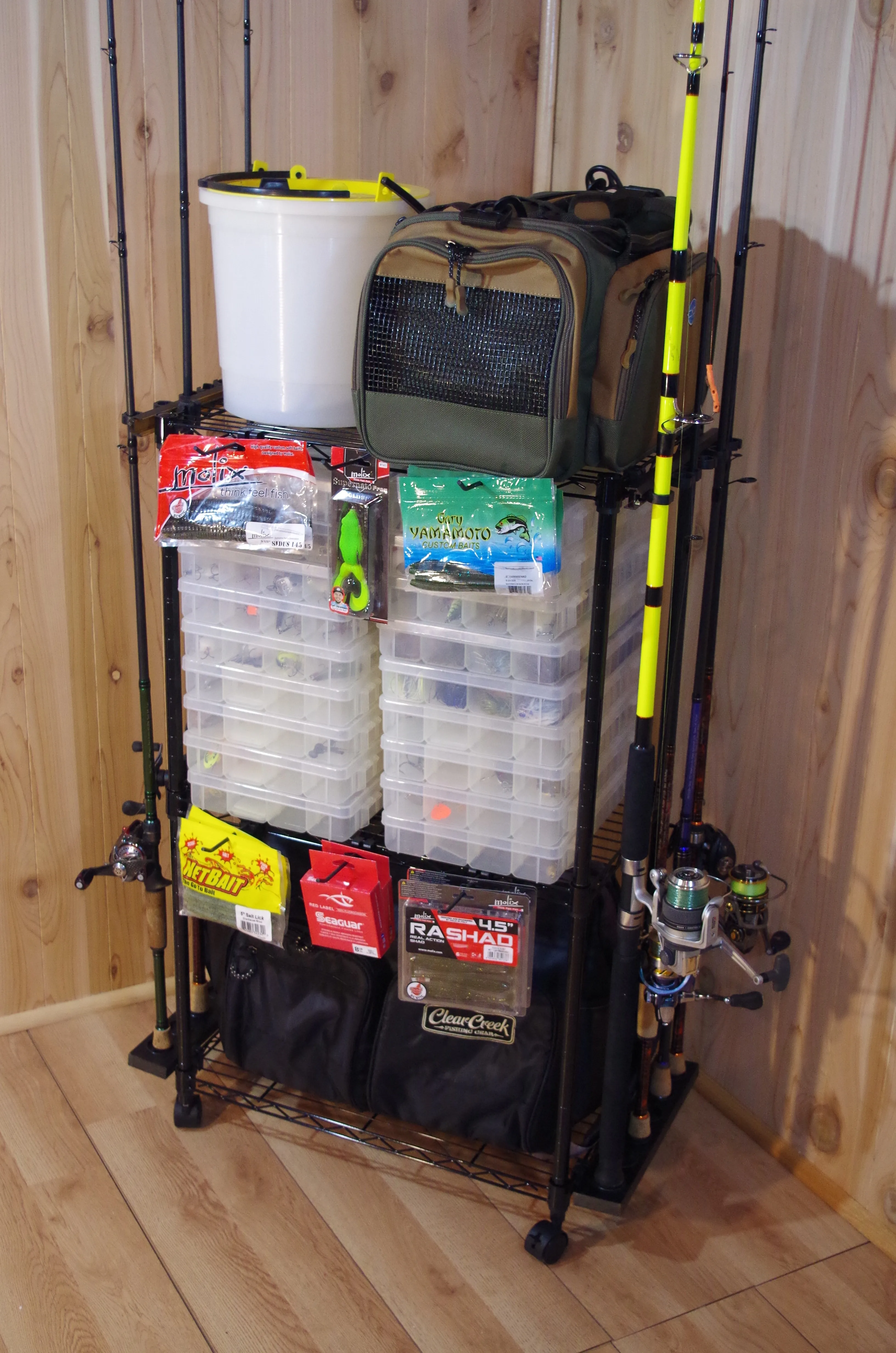 Tackle Trolley with Adjustable Shelves and Racks to Store Up to 12 Fishing Rods enlarge
