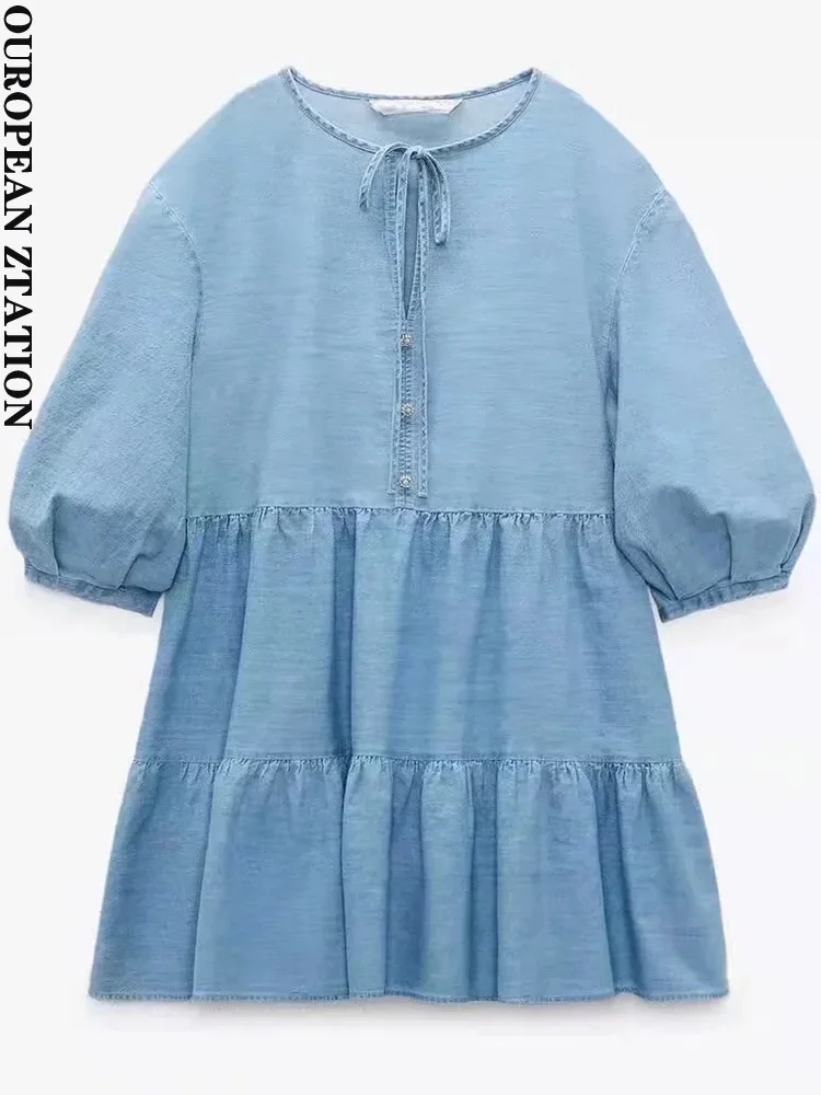

PAILETE Women 2022 fashion with tied ruffled denim mini dress vintage short sleeve button-up female dresses vestidos mujer