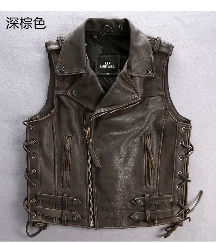 men Free leather shipping,Genuine cow vest.Cool motorbiker mens vests,skull sleeveless leather jacket Brand sales 2016 style