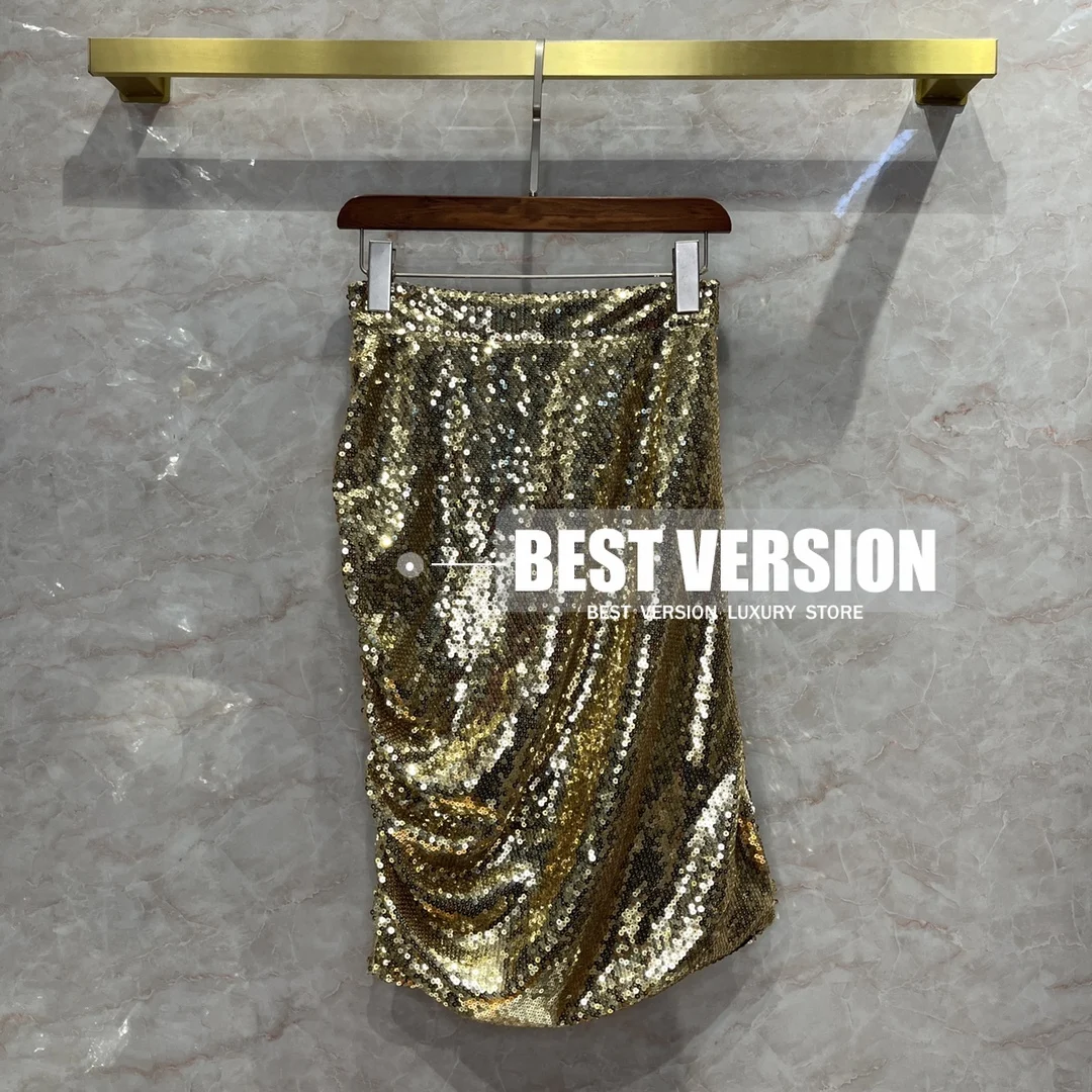 best version luxury brand RUNWAY ruched vintage Shining blingbling Glitter Metallic color Gold Sequins sexy Mini woman Skirt S-L