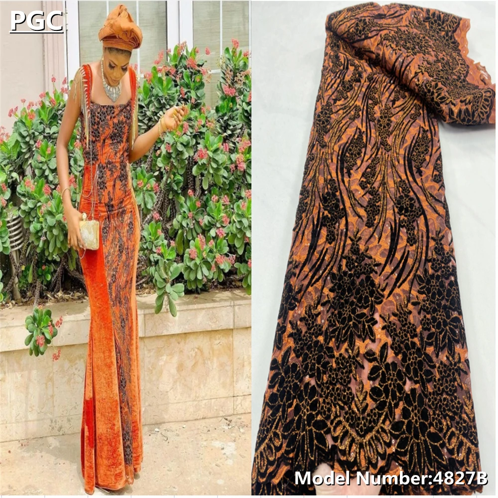 

PGC Luxury Embroidery Orange African Flocking Lace Fabric Design 2022 Velvet Nigerian Material For Party Wedding 5 Yards 4824B