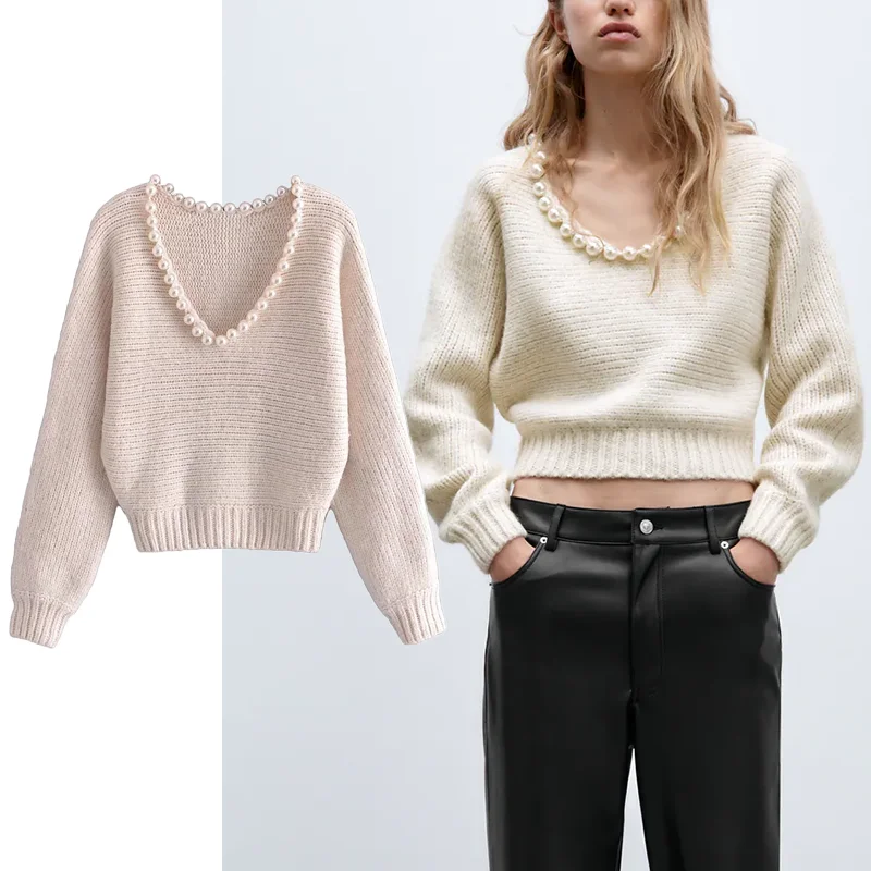 

Za 2022 Autumn Winter Women Pearl Solid Knitted Sweater High Quality Fashion V-neck Coats Soft Warm Casual Thicken Outwear