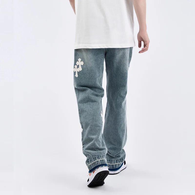 Four Seasons Men's Trousers Cross Pu Patch VIBE Trend Hole Loose Straight Mop Denim Trousers Fashion Streetwear Ins Hot Sale