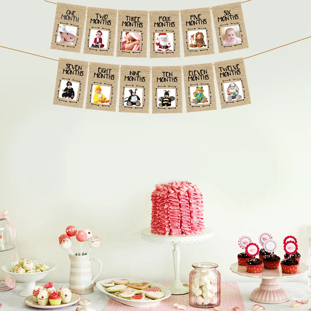 

1st Birthday Photo Banners Birthday Photo Bunting Linen Flag Decoration Garland Party Supplies Favors for Baby Shower