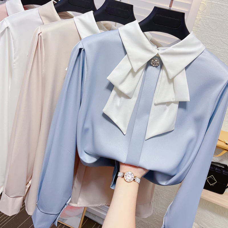

Shirts Blouse Women Basic Chinese Natural Glossy Elegant Ladies Long Sleeves Tops Workwear Fashion Office Fall Spring A47