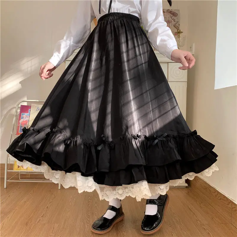 

Винтажная Однотонная юбка в японском стиле Лолита, Женская Двухслойная юбка трапециевидной формы во французском стиле с оборками, черная ю...