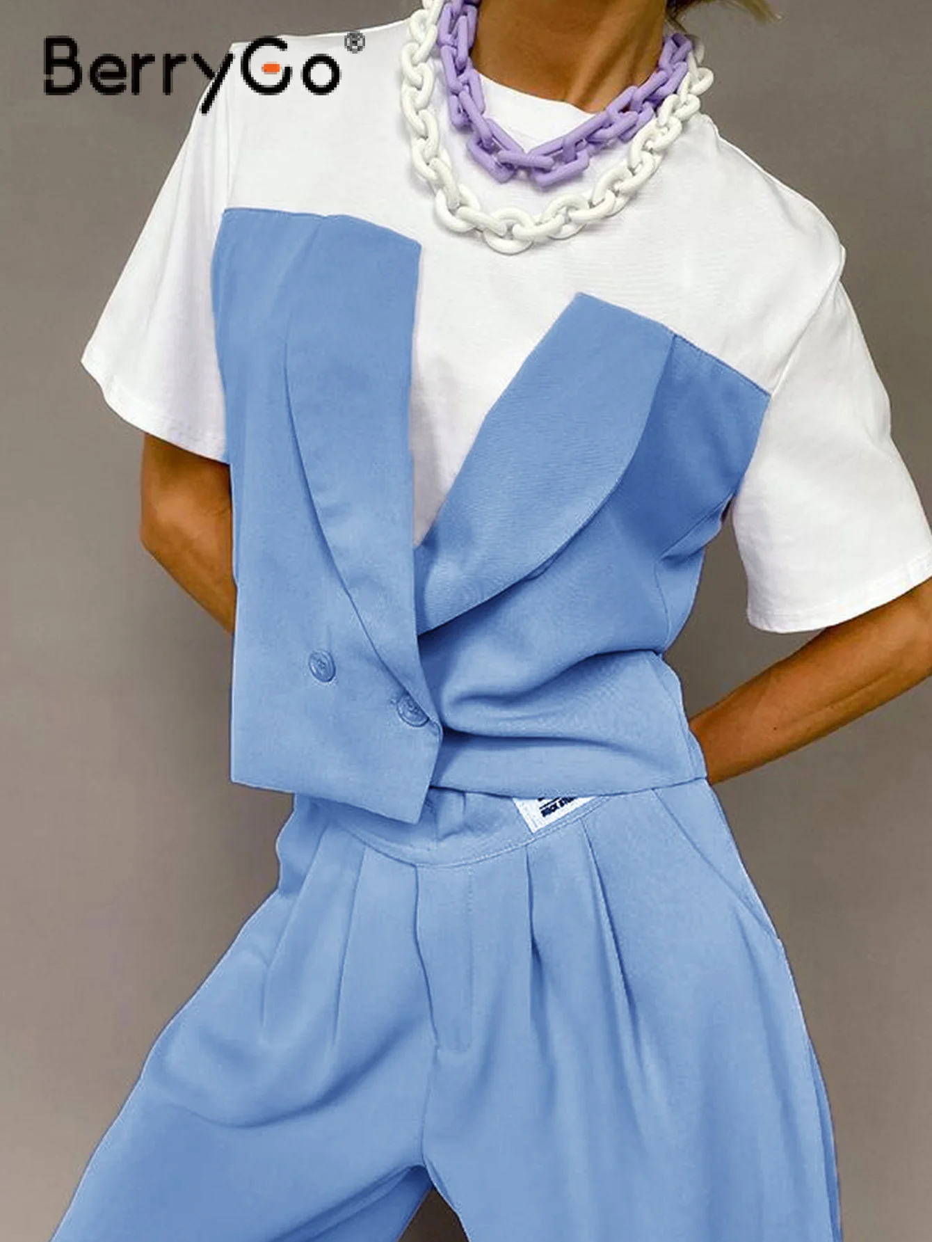 

BerryGo Fashion short sleeve patchwork button cropped T-shirt women High street O-neck loose work tops 2022 Summer new T-shirt