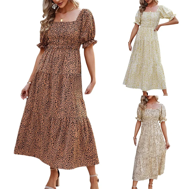 

Women's Summer Long Floral Dress Short Sleeve Square Neck Bohemian Style Dresses