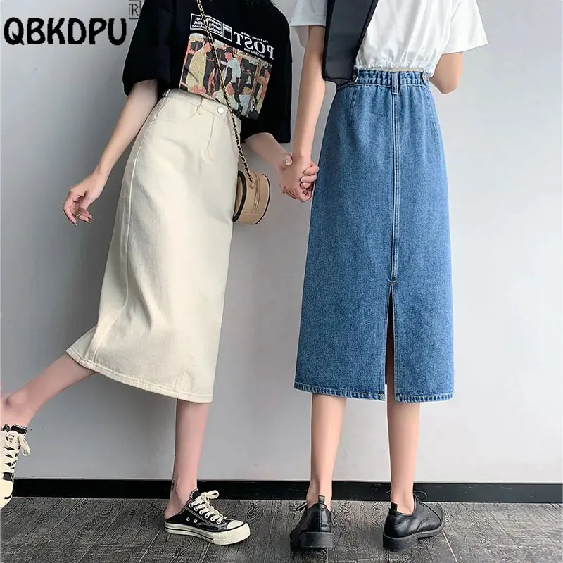 

Casual Beige High Waist Skirt Women Korean Fashion Split Design a-Line Denim Skirts New Arrivals Mid-Length Button Faldas Largas