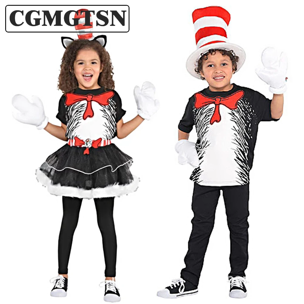 

CGMGTSN Dr. Seuss The Cat In The Hat Costume Kids Cartoon Cat Cosplay Halloween Clothes Girls Boy Role Party Carnival Fancy Suit