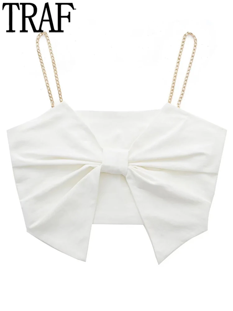

Белый корсет с бантом TRAF, топ, Женский плиссированный кроп-топ с цепочкой, женский летний топ с открытыми плечами 2022 Y2k