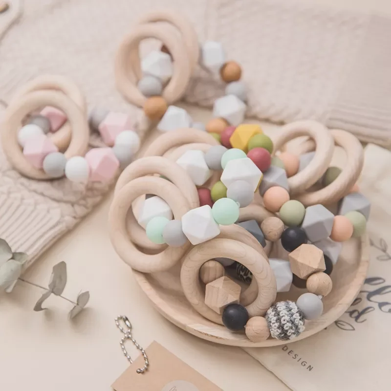 

1pc Baby Nursing Bracelets Maple Rings Wooden Teether Silicone Beads Teething Baby Rattle Stroller Accessories Toy Baby Products
