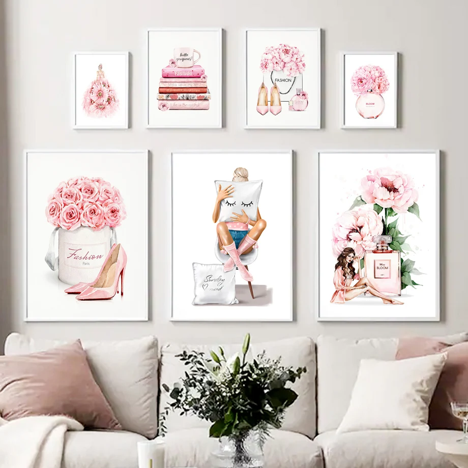 

Pink Flower Fashion Girl Paris Perfume Book Bag Wall Art Print Canvas Painting Nordic Poster Wall Pictures For Living Room Decor