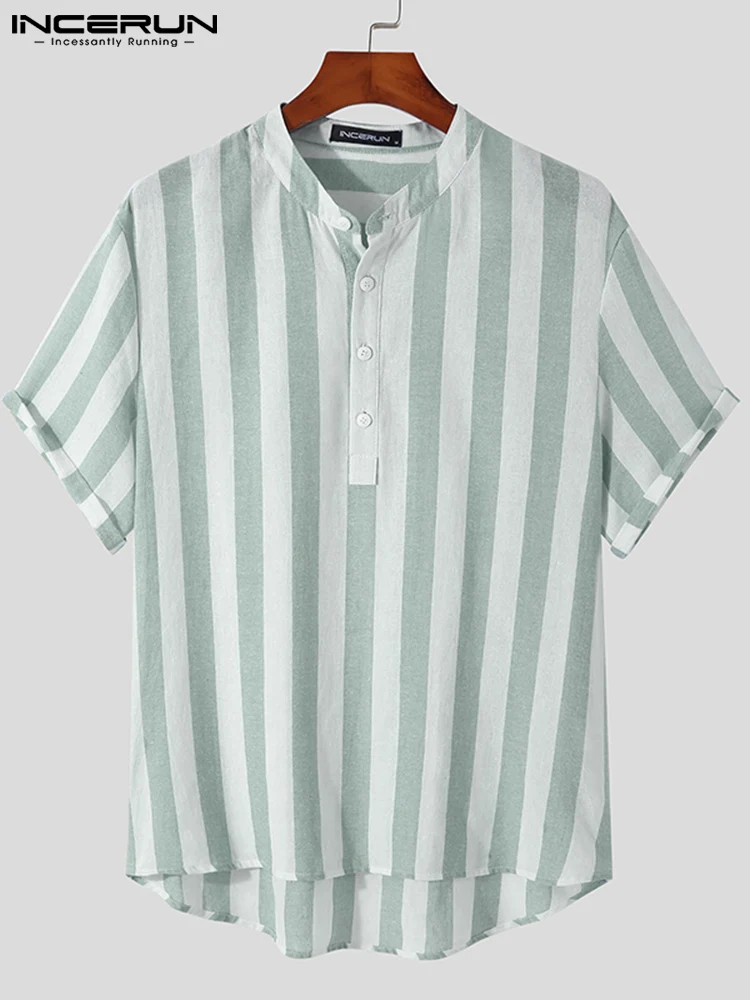 INCERUN Tops 2022 Handsome All-match Men's Short Sleeve Half Open Shirts Summer Male Casual Streetwear Style Stripe Blouse S-5XL