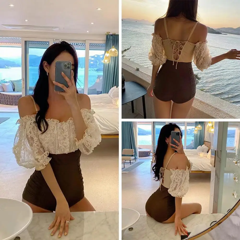 

Women Monokini Swimsuit Spaghetti Strap Low-cut Off Shoulder Puff Sleeves Embroidery Lace Hollow Out Lady Beach Bathing Swimwear